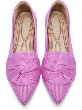 Women's Pink Bow Pointed Toe Pull On Comfortable Knit Dressy Ballet Flat Shoes